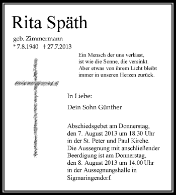 Anzeige von Rita Späth von Schwäbische Zeitung