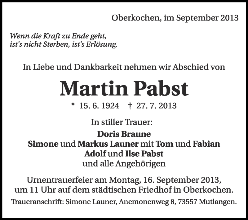  Traueranzeige für Martin Pabst vom 13.09.2013 aus Schwäbische Zeitung