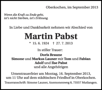 Anzeige von Martin Pabst von Schwäbische Zeitung