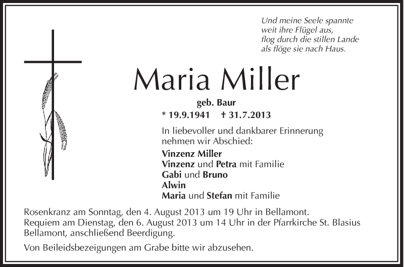  Traueranzeige für Maria Miller vom 03.08.2013 aus Schwäbische Zeitung