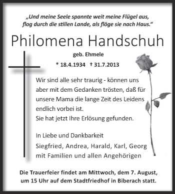 Anzeige von Philomena Handschuh von Schwäbische Zeitung
