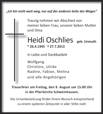Anzeige von Heidi Oschlies von Schwäbische Zeitung
