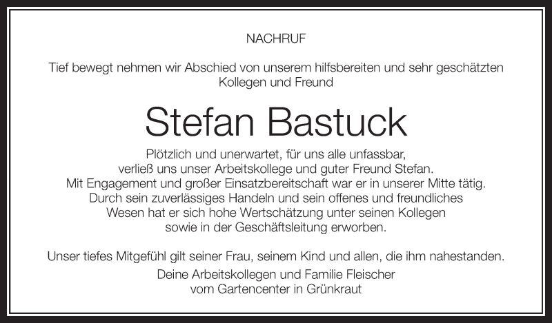  Traueranzeige für Stefan Bastuck vom 05.08.2013 aus Schwäbische Zeitung