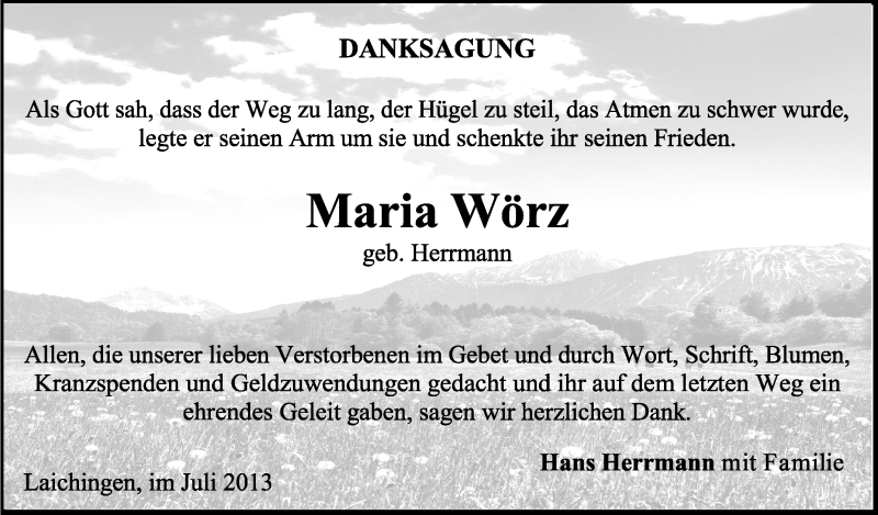  Traueranzeige für Maria Wörz vom 03.08.2013 aus Schwäbische Zeitung