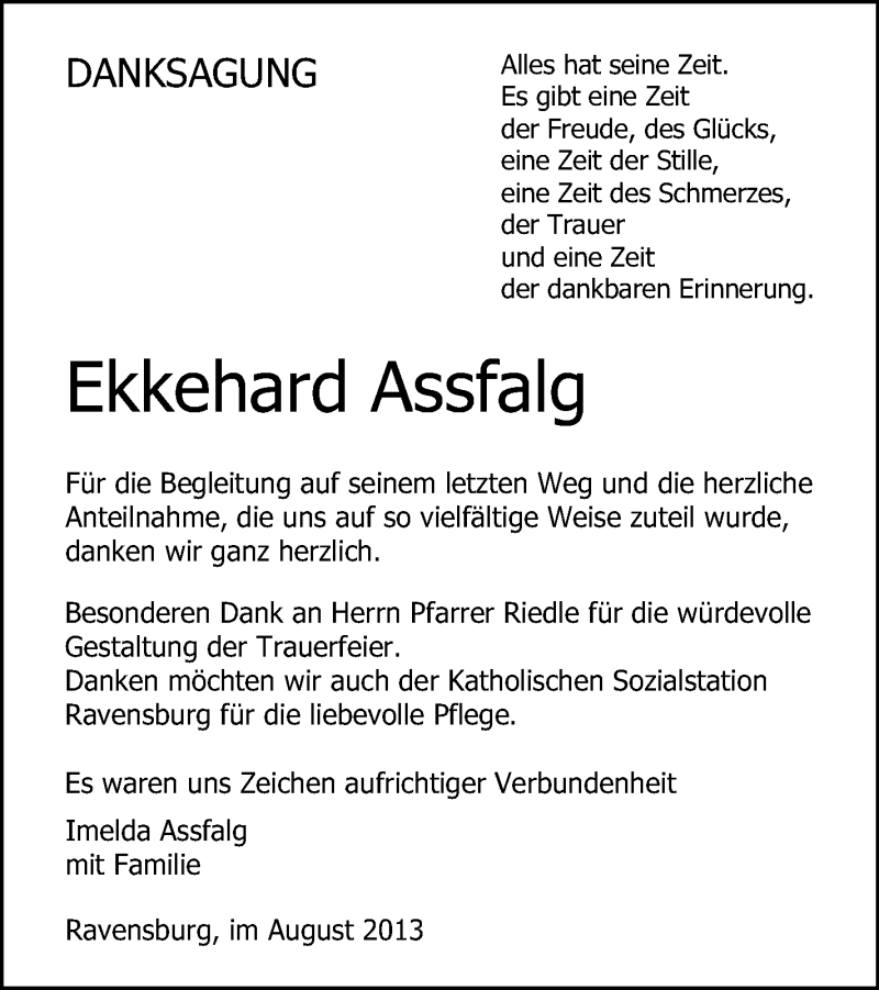  Traueranzeige für Ekkehard Assfalg vom 09.08.2013 aus Schwäbische Zeitung