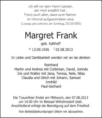 Anzeige von Margret Frank von Schwäbische Zeitung