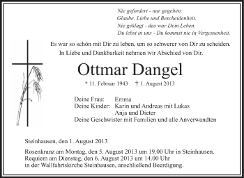 Anzeige von Ottmar Dangel von Schwäbische Zeitung