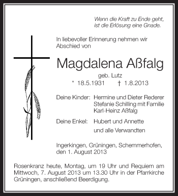 Anzeige von Magdalena Aßfalg von Schwäbische Zeitung