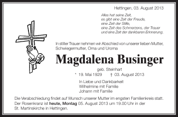 Anzeige von Magdalena Businger von Schwäbische Zeitung