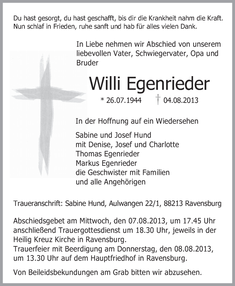  Traueranzeige für Willi Egenrieder vom 05.08.2013 aus Schwäbische Zeitung
