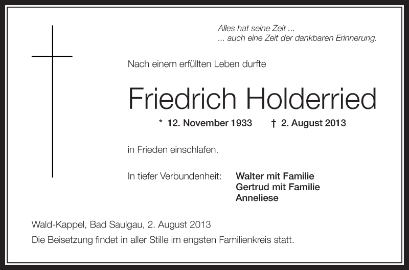 Traueranzeige für Friedrich Holderried vom 05.08.2013 aus Schwäbische Zeitung
