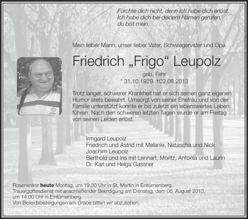  Traueranzeige für Friedrich Leupolz vom 05.08.2013 aus Schwäbische Zeitung