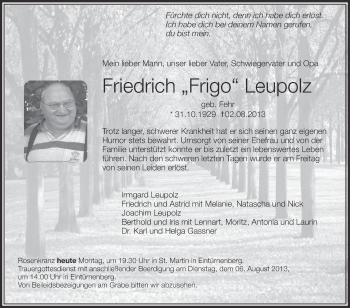 Anzeige von Friedrich Leupolz von Schwäbische Zeitung