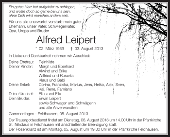 Anzeige von Alfred Leipert von Schwäbische Zeitung