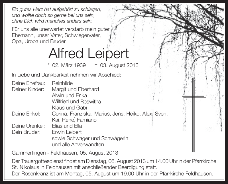  Traueranzeige für Alfred Leipert vom 05.08.2013 aus Schwäbische Zeitung