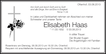 Anzeige von Elisabeth Haas von Schwäbische Zeitung