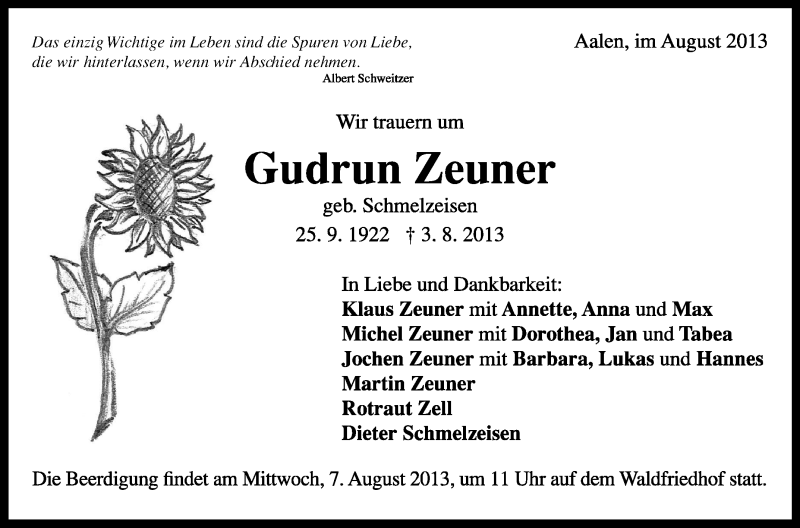  Traueranzeige für Gudrun Zeuner vom 05.08.2013 aus Schwäbische Zeitung