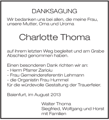 Anzeige von Charlotte Thoma von Schwäbische Zeitung