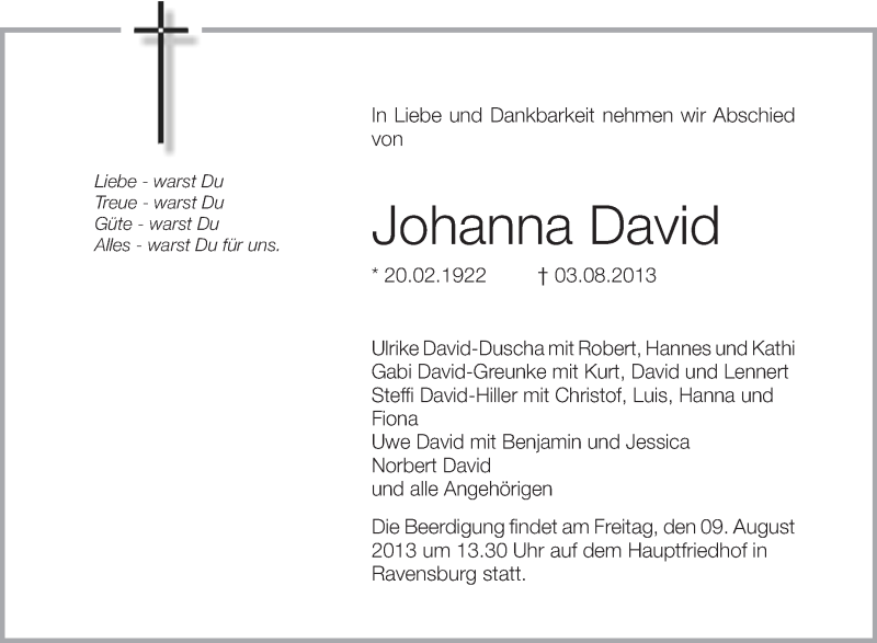  Traueranzeige für Johanna David vom 06.08.2013 aus Schwäbische Zeitung
