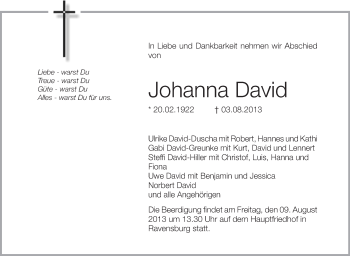 Anzeige von Johanna David von Schwäbische Zeitung