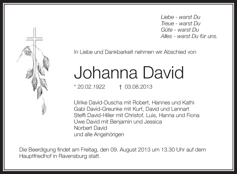  Traueranzeige für Johanna David vom 06.08.2013 aus Schwäbische Zeitung