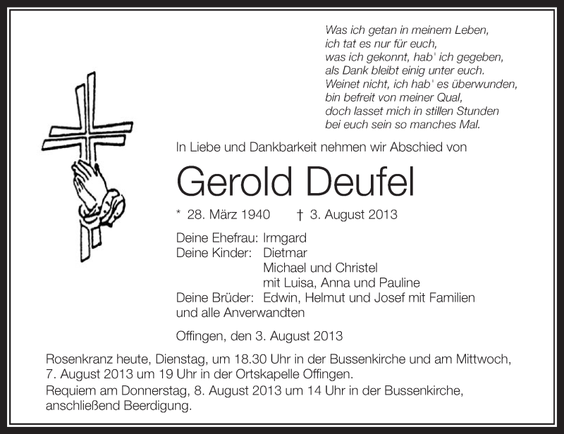  Traueranzeige für Gerold Deufel vom 06.08.2013 aus Schwäbische Zeitung