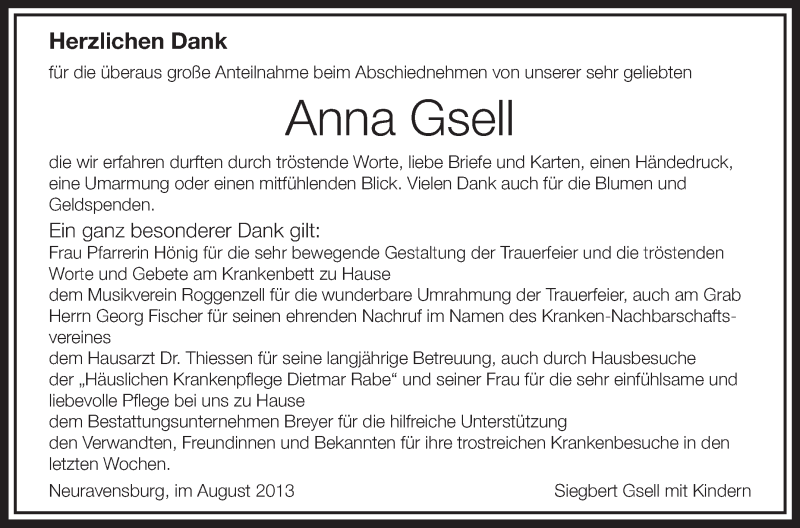  Traueranzeige für Anna Gsell vom 06.08.2013 aus Schwäbische Zeitung