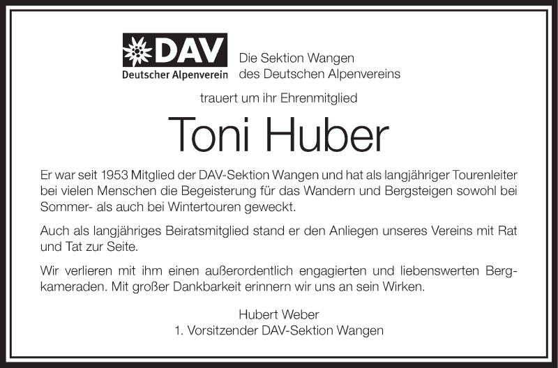  Traueranzeige für Toni Huber vom 07.08.2013 aus Schwäbische Zeitung
