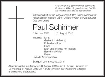 Anzeige von Paul Schirmer von Schwäbische Zeitung