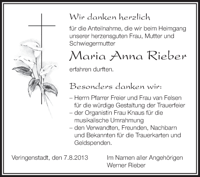  Traueranzeige für Maria Anna Rieber vom 07.08.2013 aus Schwäbische Zeitung