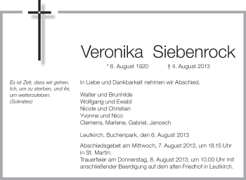 Anzeige von Veronika Siebenrock von Schwäbische Zeitung