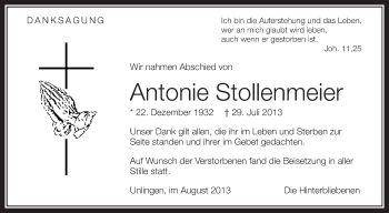 Anzeige von Antonie Stollenmeier von Schwäbische Zeitung