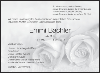 Anzeige von Emmi Bachler von Schwäbische Zeitung
