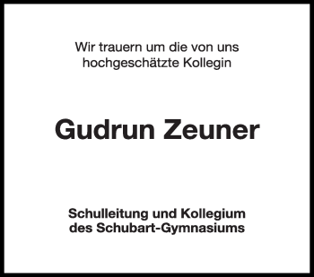 Anzeige von Gudrun Zeuner von Schwäbische Zeitung
