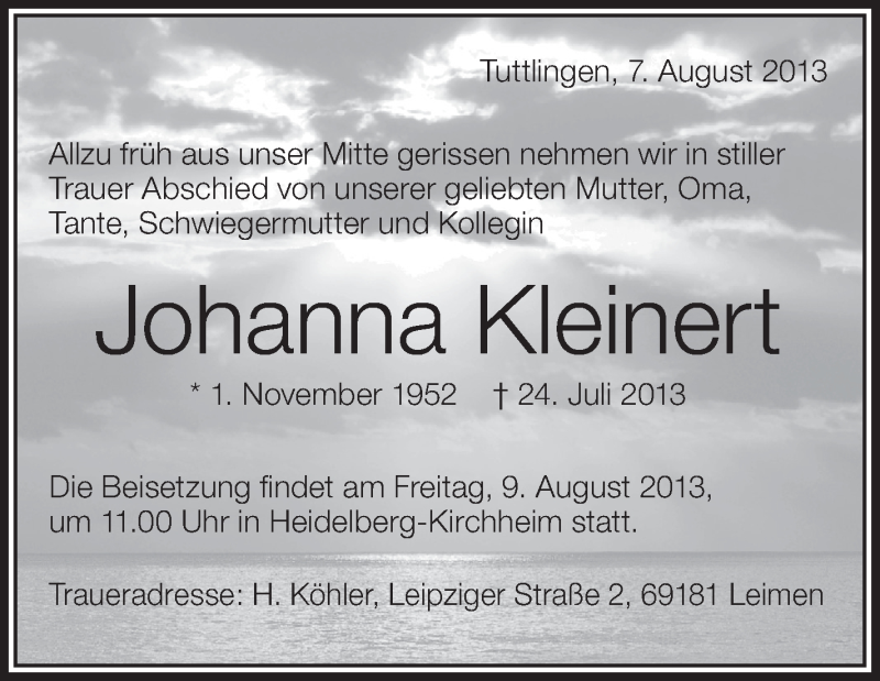  Traueranzeige für Johanna Kleinert vom 07.08.2013 aus Schwäbische Zeitung