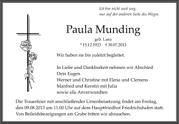 Anzeige von Paula Munding von Schwäbische Zeitung