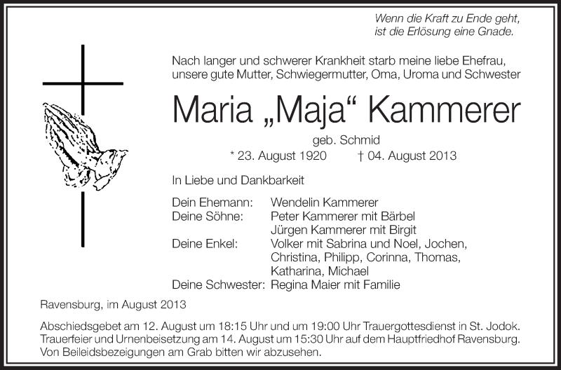  Traueranzeige für Maria Kammerer vom 10.08.2013 aus Schwäbische Zeitung