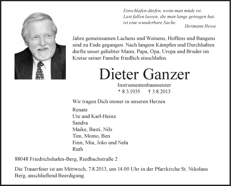  Traueranzeige für Dieter Ganzer vom 06.08.2013 aus Schwäbische Zeitung