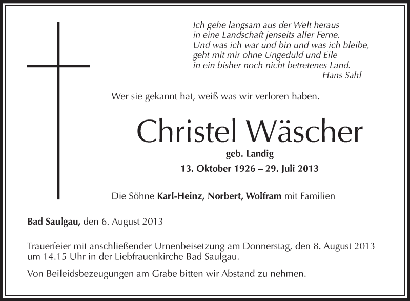  Traueranzeige für Christel Wäscher vom 06.08.2013 aus Schwäbische Zeitung