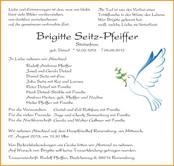 Anzeige von Brigitte Seitz-Pfeiffer von Schwäbische Zeitung