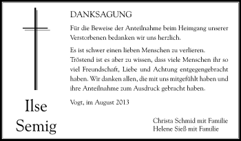 Anzeige von Ilse Semig von Schwäbische Zeitung