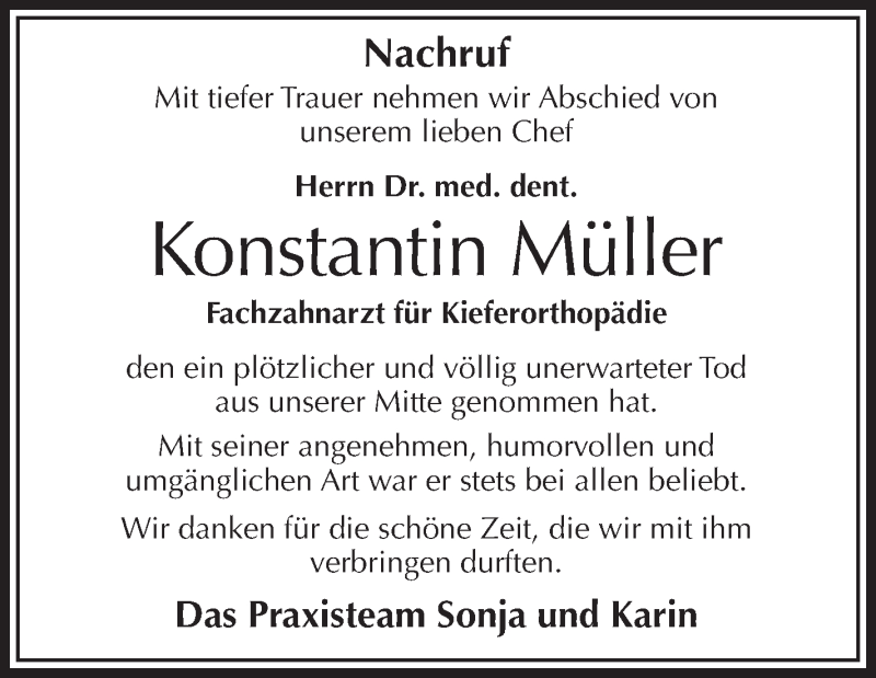  Traueranzeige für Konstantin Müller vom 06.08.2013 aus Schwäbische Zeitung