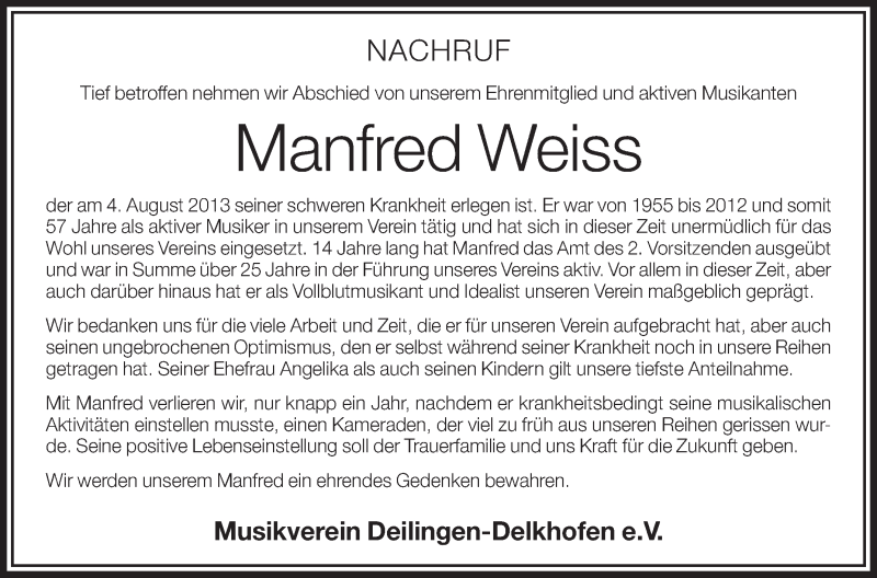  Traueranzeige für Manfred Weiss vom 07.08.2013 aus Schwäbische Zeitung
