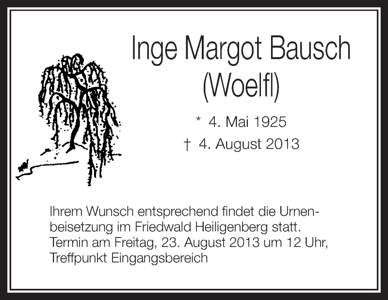  Traueranzeige für Inge Margot Bausch vom 20.08.2013 aus Schwäbische Zeitung