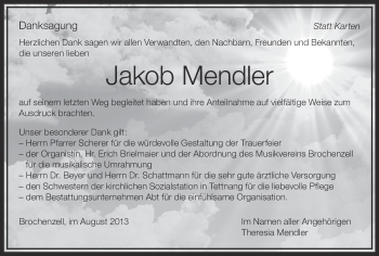 Anzeige von Jakob Mendler von Schwäbische Zeitung