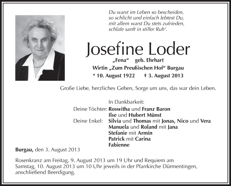  Traueranzeige für Josefine Loder vom 08.08.2013 aus Schwäbische Zeitung