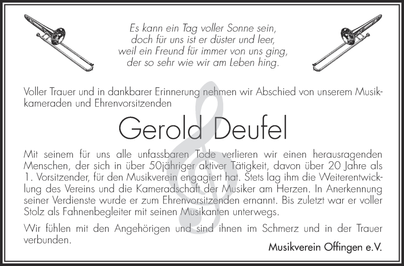  Traueranzeige für Gerold Deufel vom 07.08.2013 aus Schwäbische Zeitung