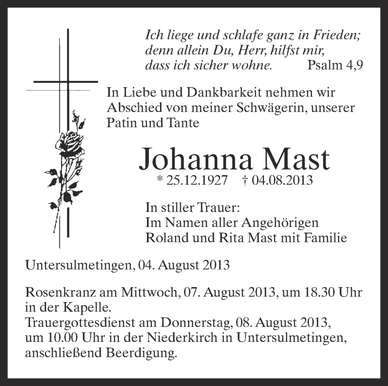  Traueranzeige für Johanna Mast vom 06.08.2013 aus Schwäbische Zeitung