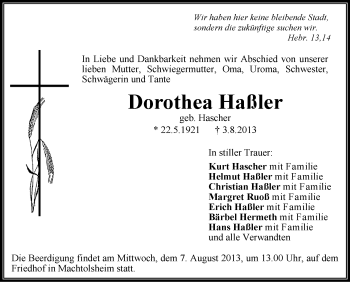 Anzeige von Dorothea Haßler von Schwäbische Zeitung
