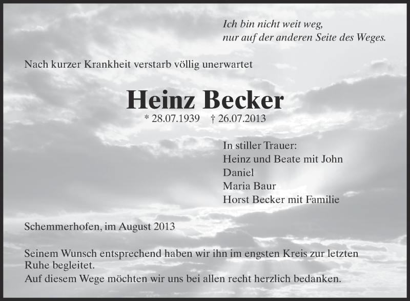  Traueranzeige für Heinz Becker vom 09.08.2013 aus Schwäbische Zeitung